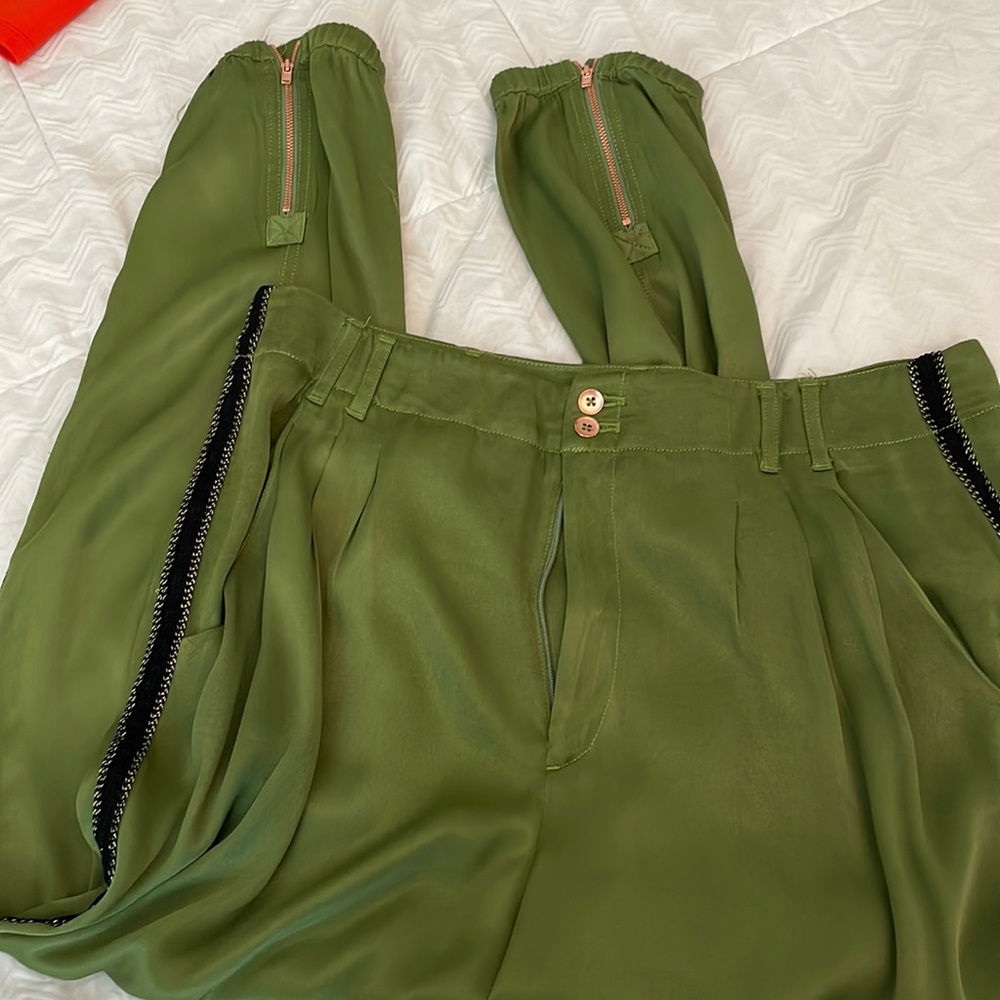 Anthropologie Olive Green Track-Style Jogger Pants with Contrast Trim